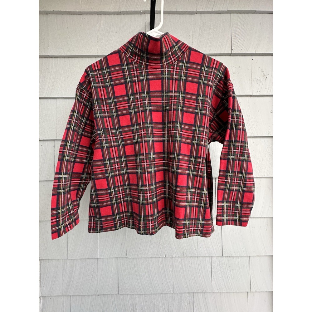 Vintage 90s Talbots Red Holiday Tartan Plaid Mock Neck Cotton‎ Top